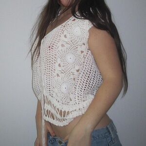 hand knit high quality white crochet top with tie detail Bohemian